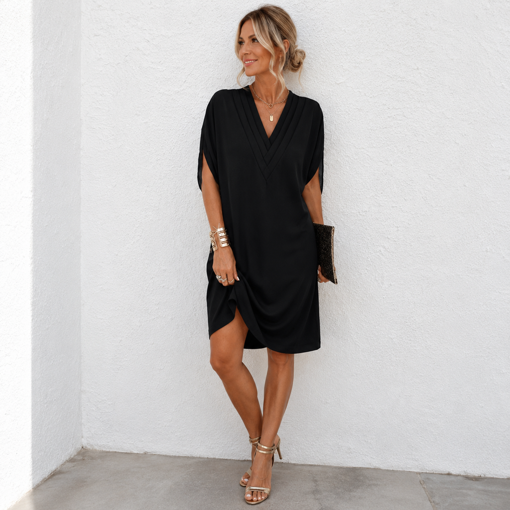 Mónica - Vestido plisado de cuello en V con manga murciélago