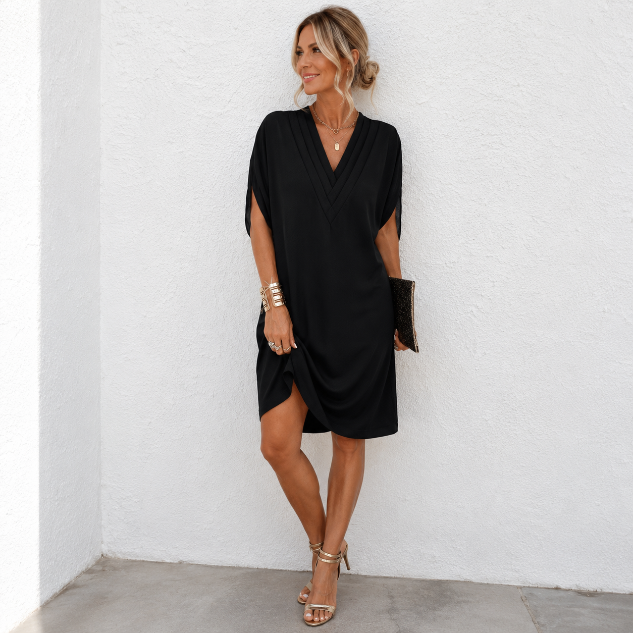 Mónica - Vestido plisado de cuello en V con manga murciélago