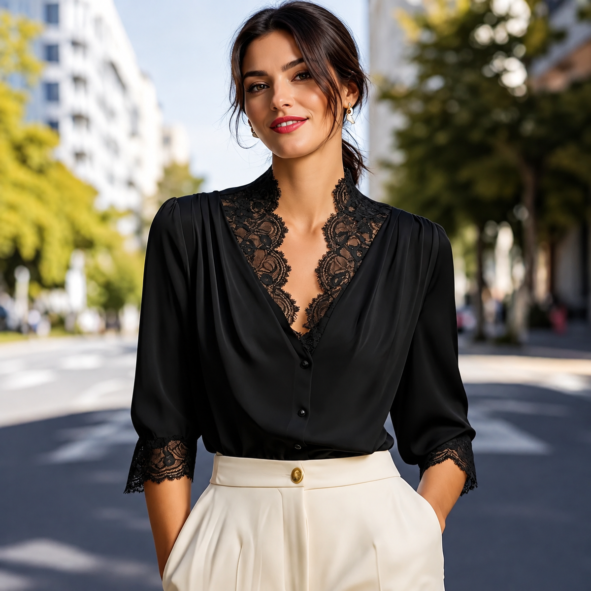 Kendal - Blusa con encaje y cuello en V