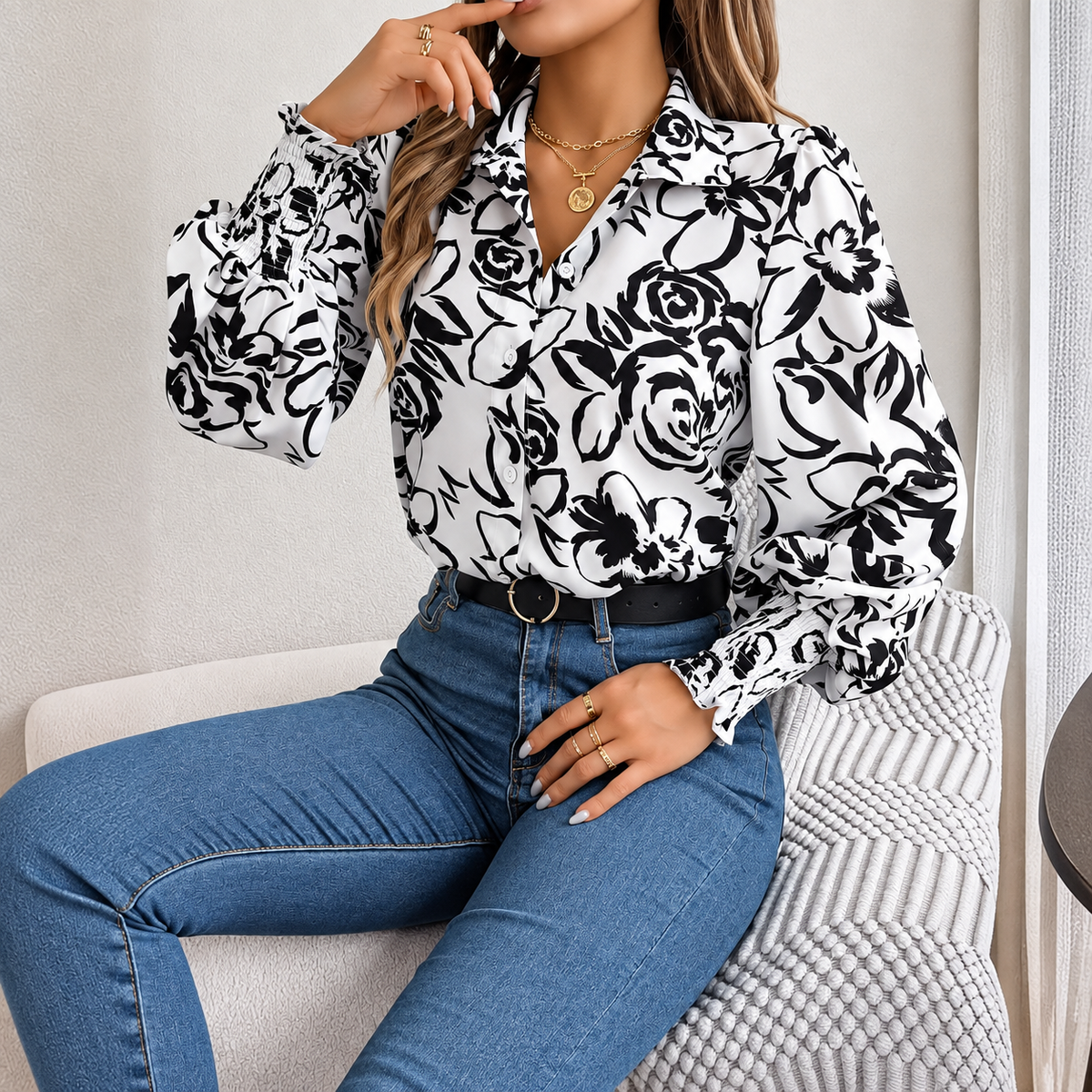 Tania - Polyester floral puff-sleeve blouse