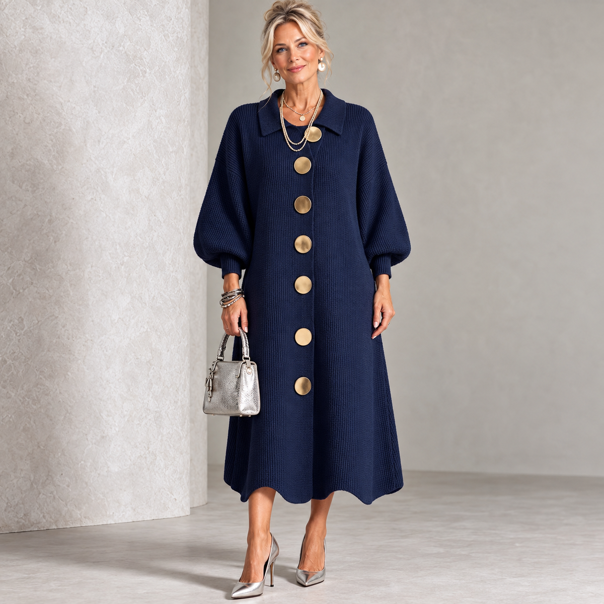 Sara – polyester dress with metallic buttons