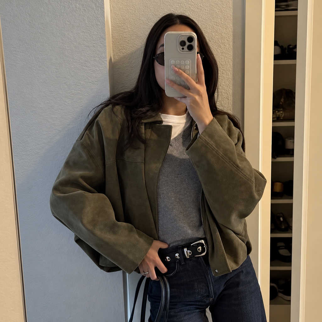 Cloe – Bomber de antelina con cuello de solapa