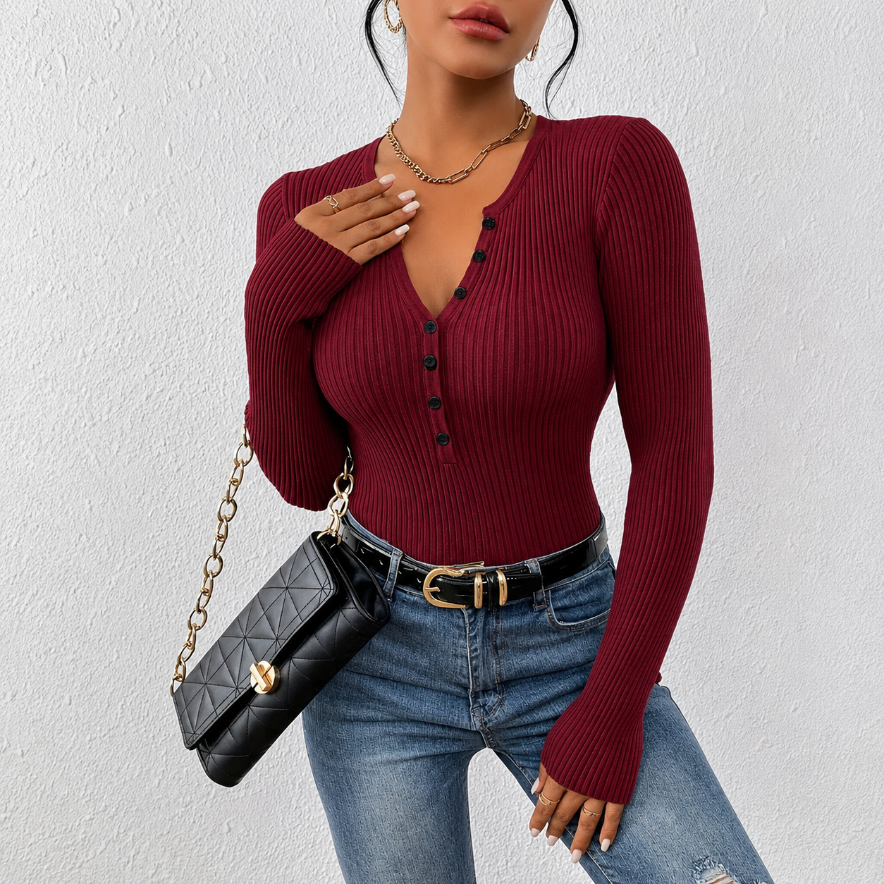 Aria - Blusa de canalé ajustada con cuello de botones