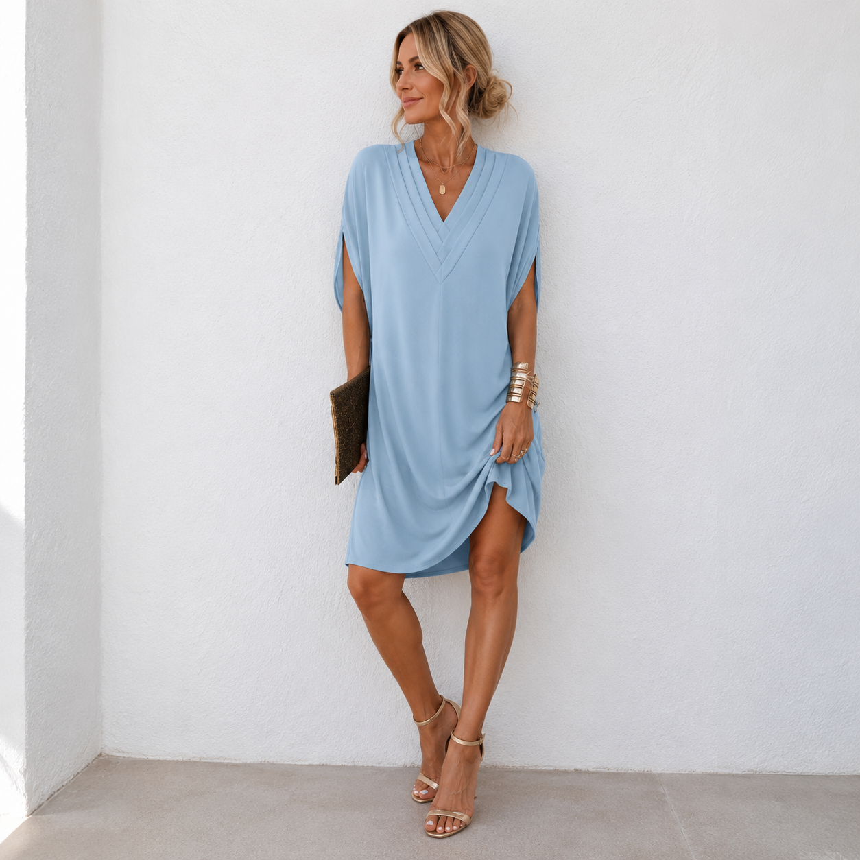 Mónica - Vestido plisado de cuello en V con manga murciélago
