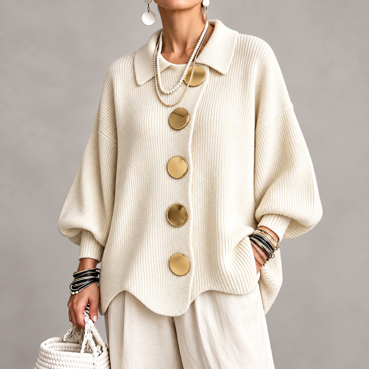 Clara - polyester knit sweater with collar and buttons