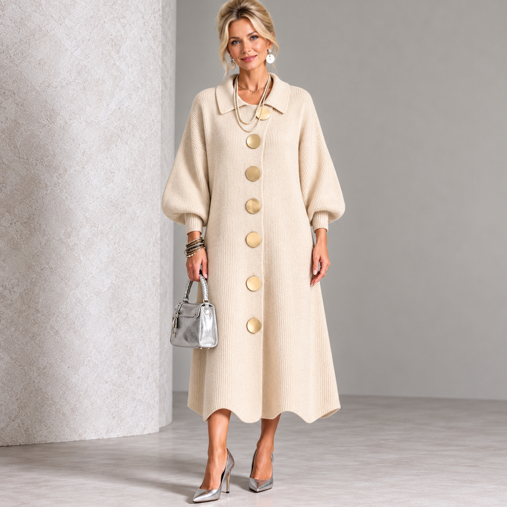 Sara – polyester dress with metallic buttons