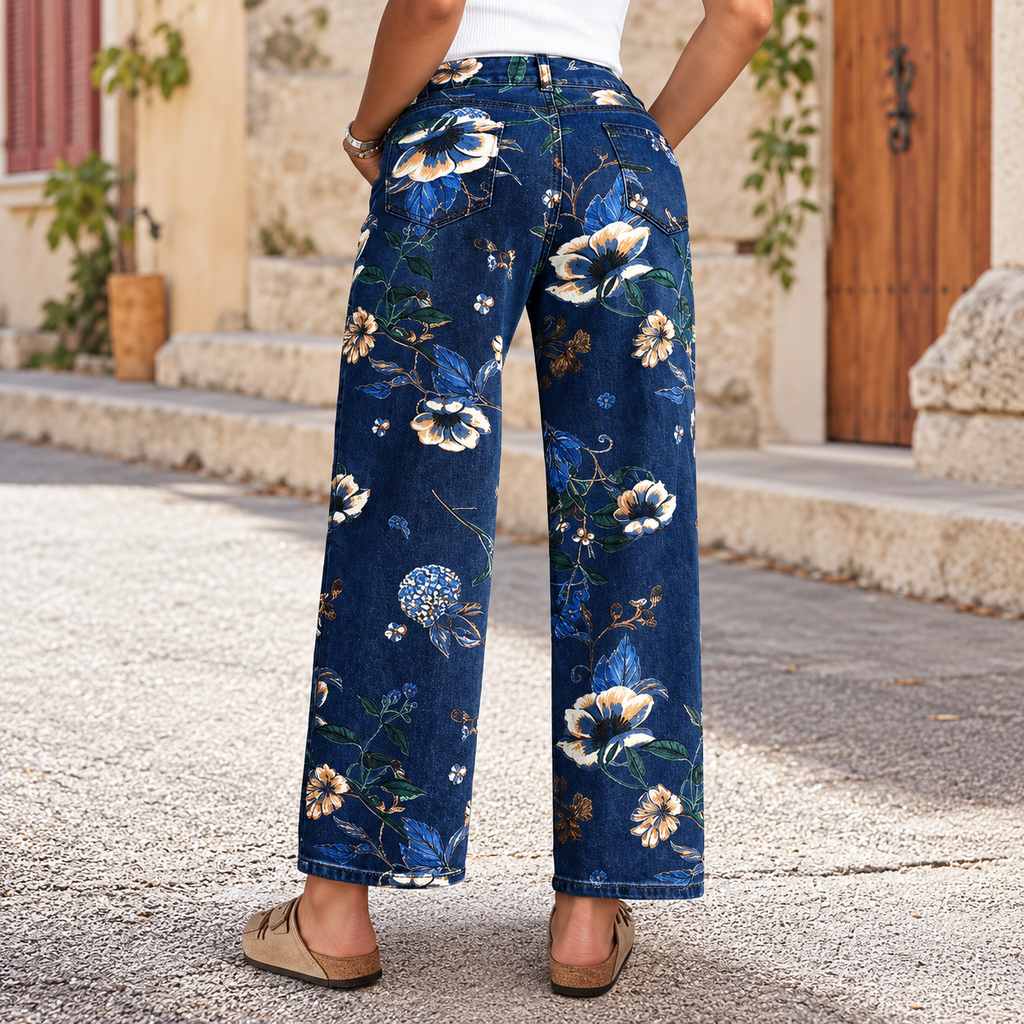 Flor - Printed cotton denim jeans
