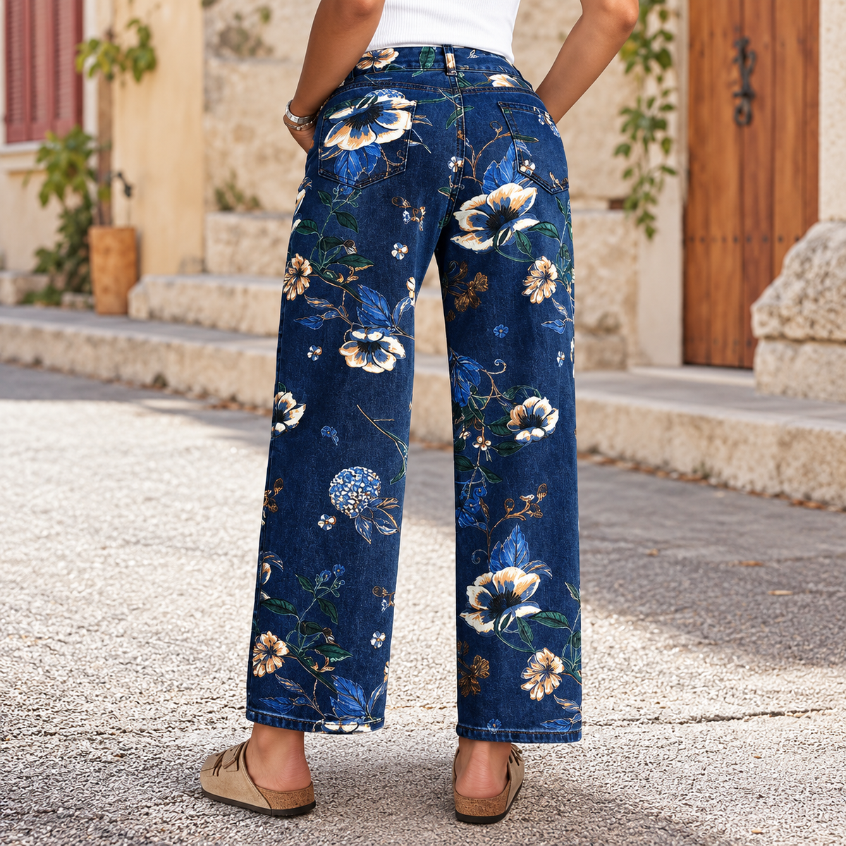 Flor - Printed cotton denim jeans