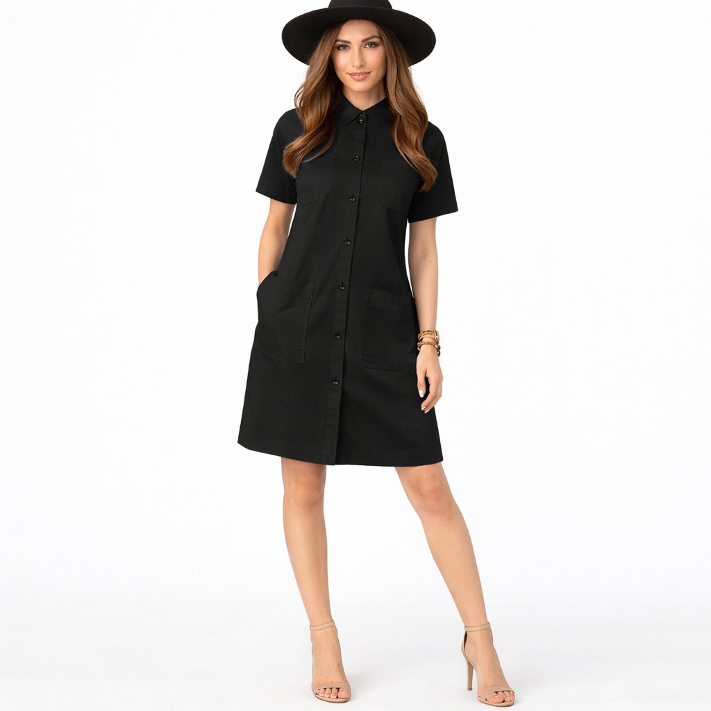 Beleda - Women's Elegant Office Dress - A-Line Cut with Shirt Collar and Pockets