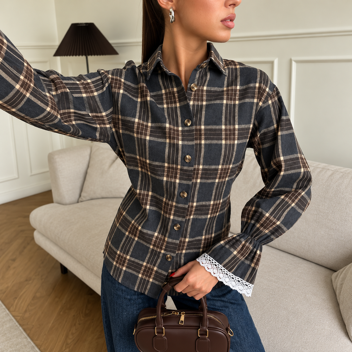 Cecilia - Camisa de cuadros de poliéster