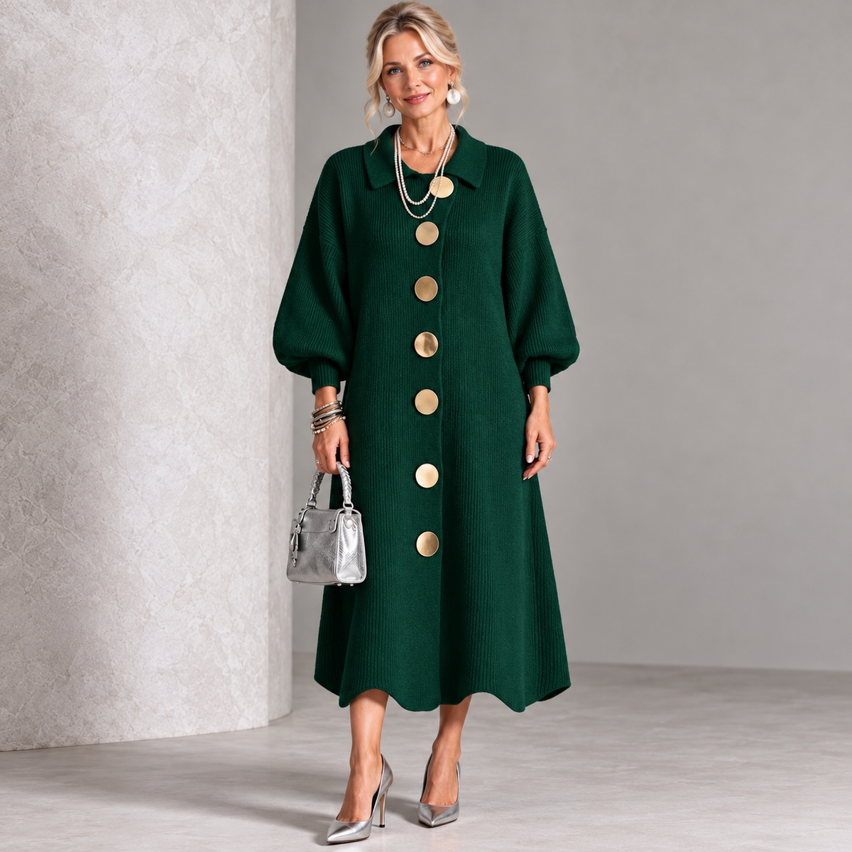 Sara – polyester dress with metallic buttons