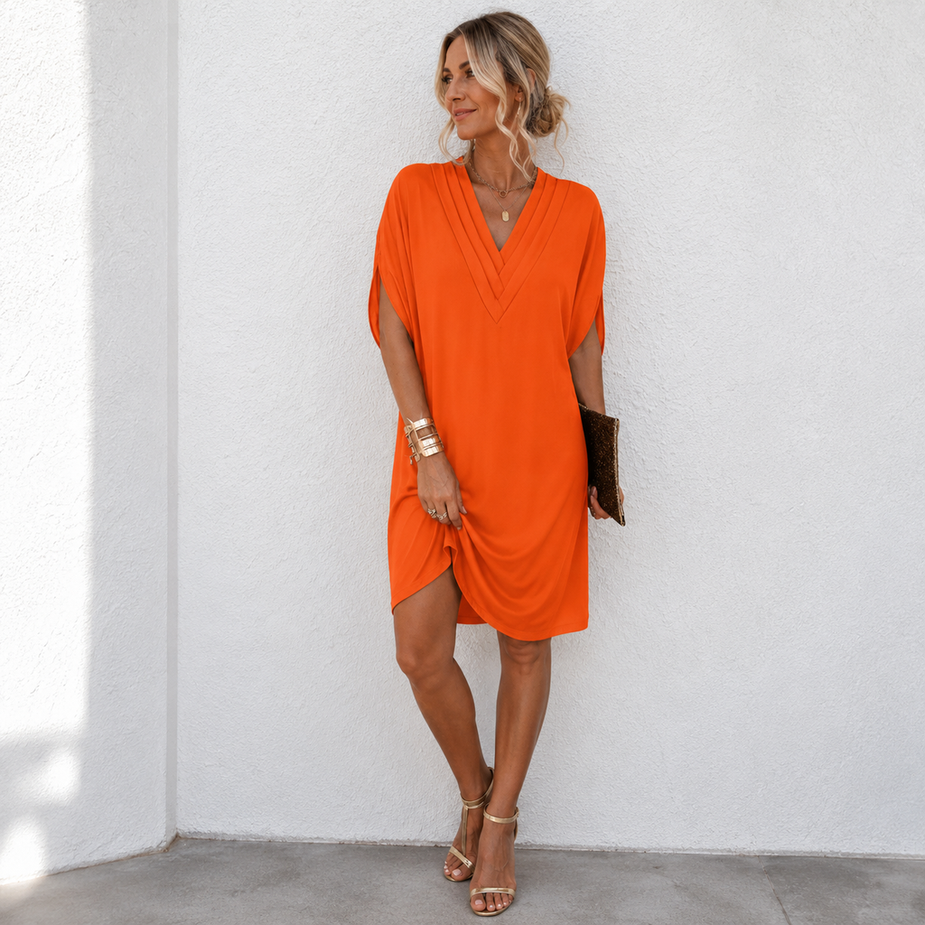 Mónica - Vestido plisado de cuello en V con manga murciélago