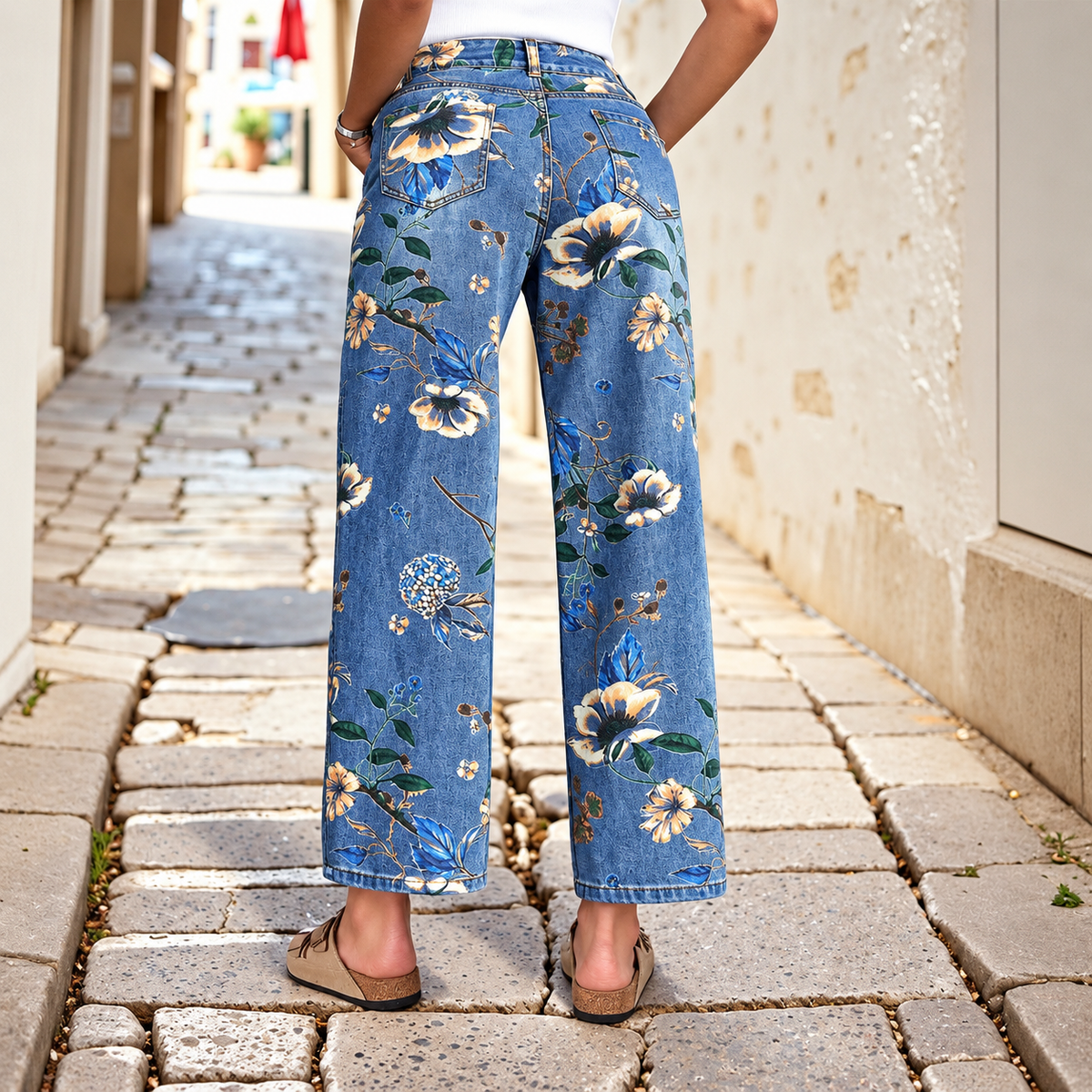 Flor - Printed cotton denim jeans