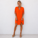 Mónica - Vestido plisado de cuello en V con manga murciélago
