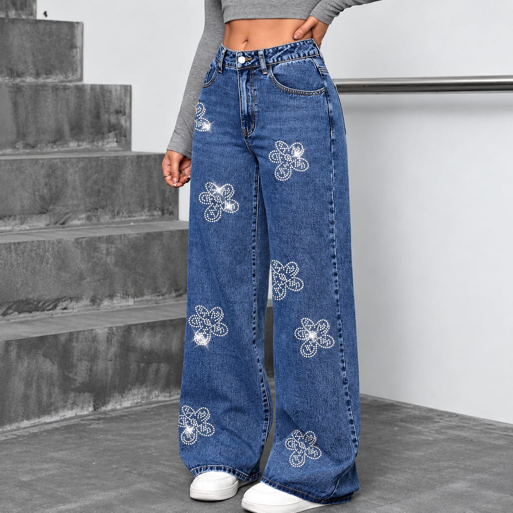 Flori - Cotton floral denim pants