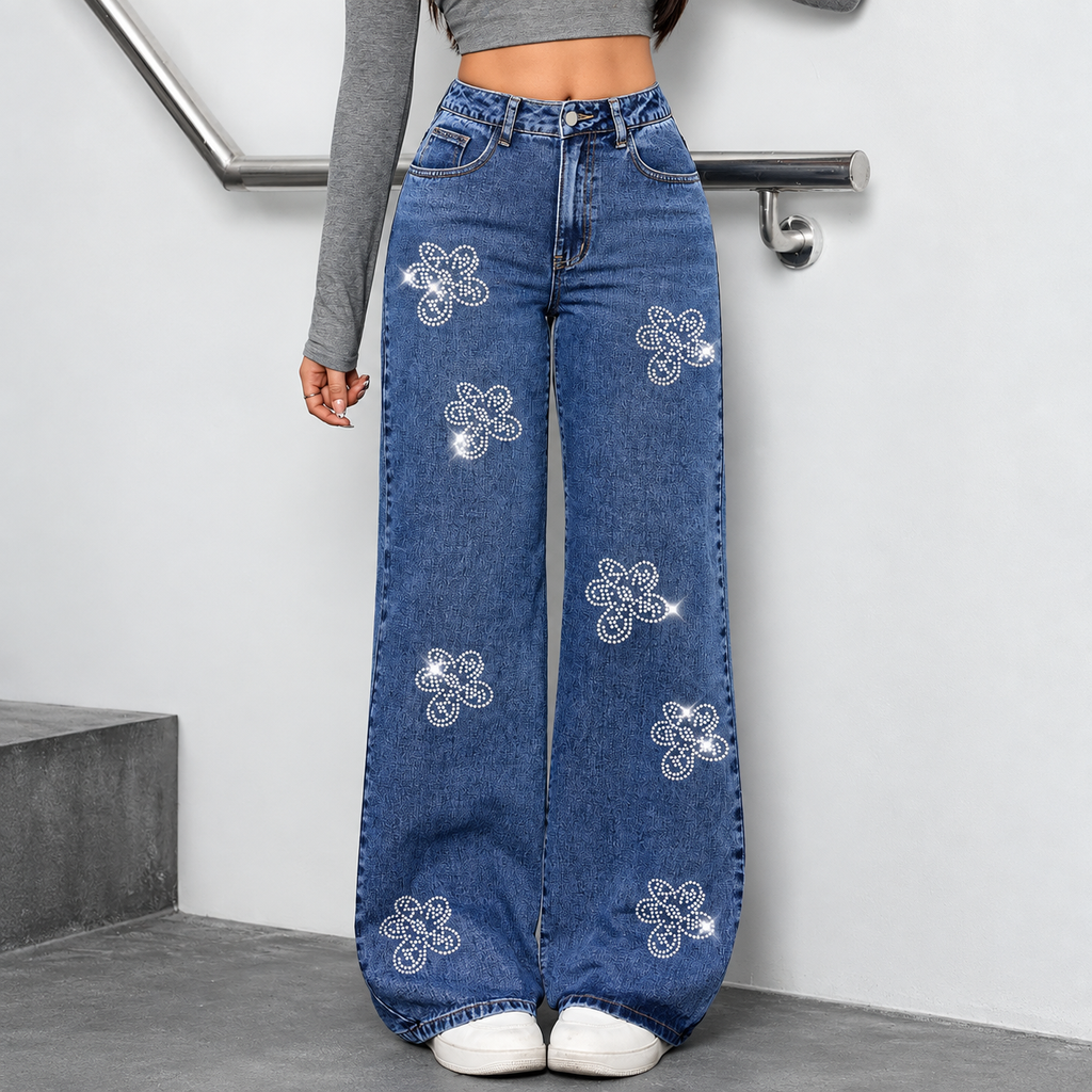 Flori - Cotton floral denim pants