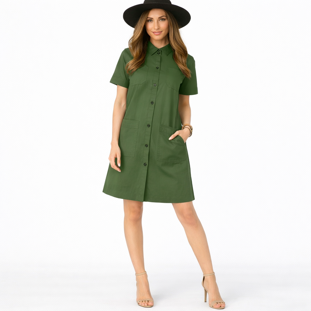 Beleda - Women's Elegant Office Dress - A-Line Cut with Shirt Collar and Pockets