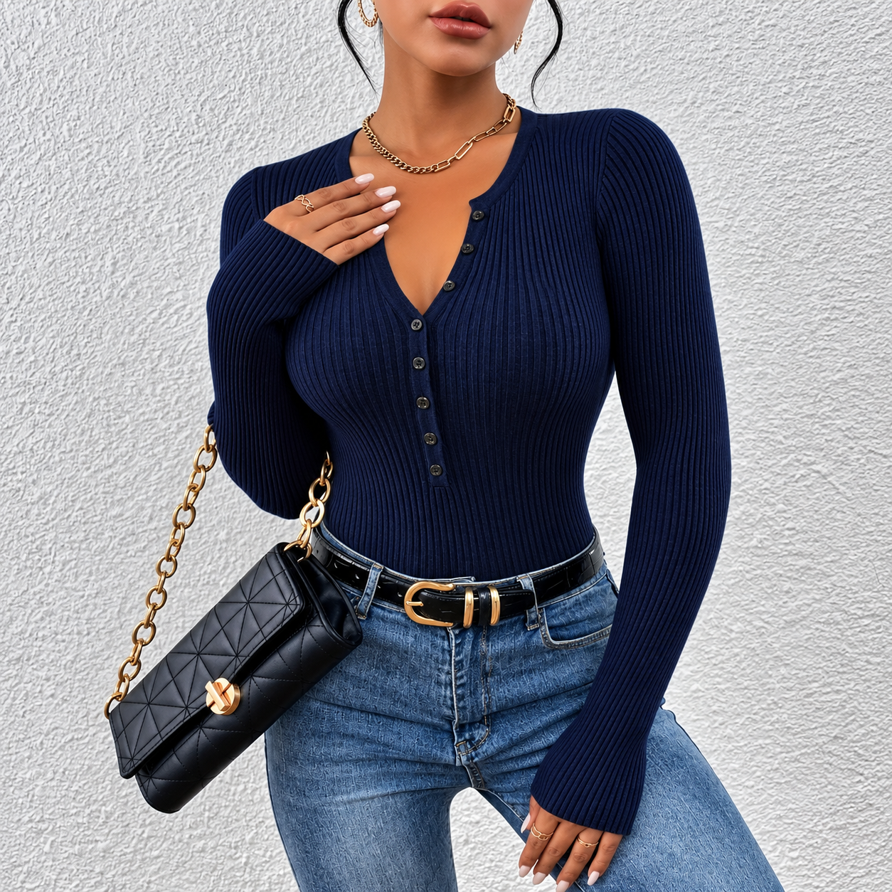Aria - Blusa de canalé ajustada con cuello de botones