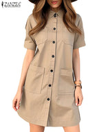 Beleda - Women's Elegant Office Dress - A-Line Cut with Shirt Collar and Pockets