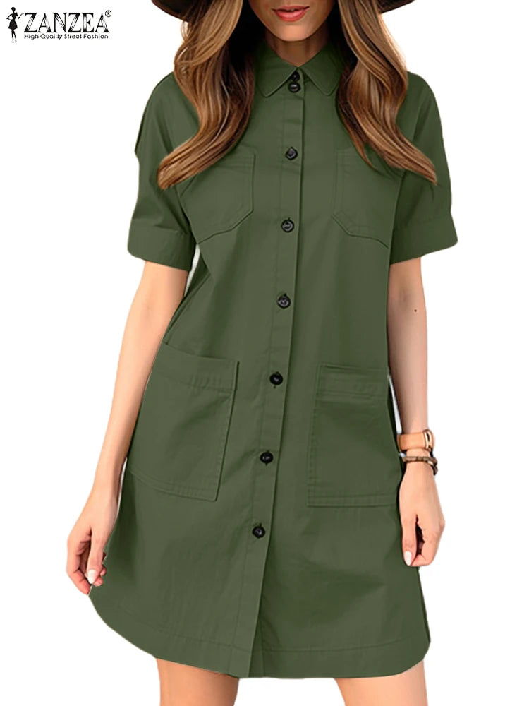 Beleda - Women's Elegant Office Dress - A-Line Cut with Shirt Collar and Pockets