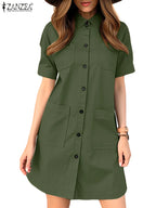 Beleda - Women's Elegant Office Dress - A-Line Cut with Shirt Collar and Pockets