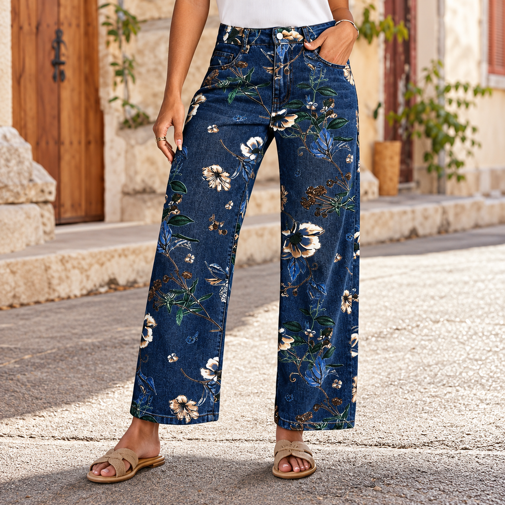 Flor - Printed cotton denim jeans