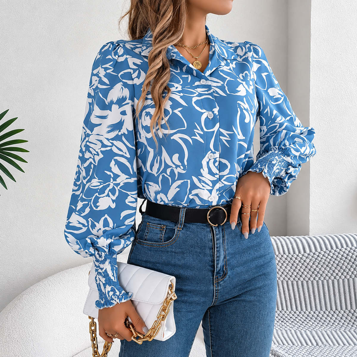 Tania - Blusa floral de poliéster con mangas farol