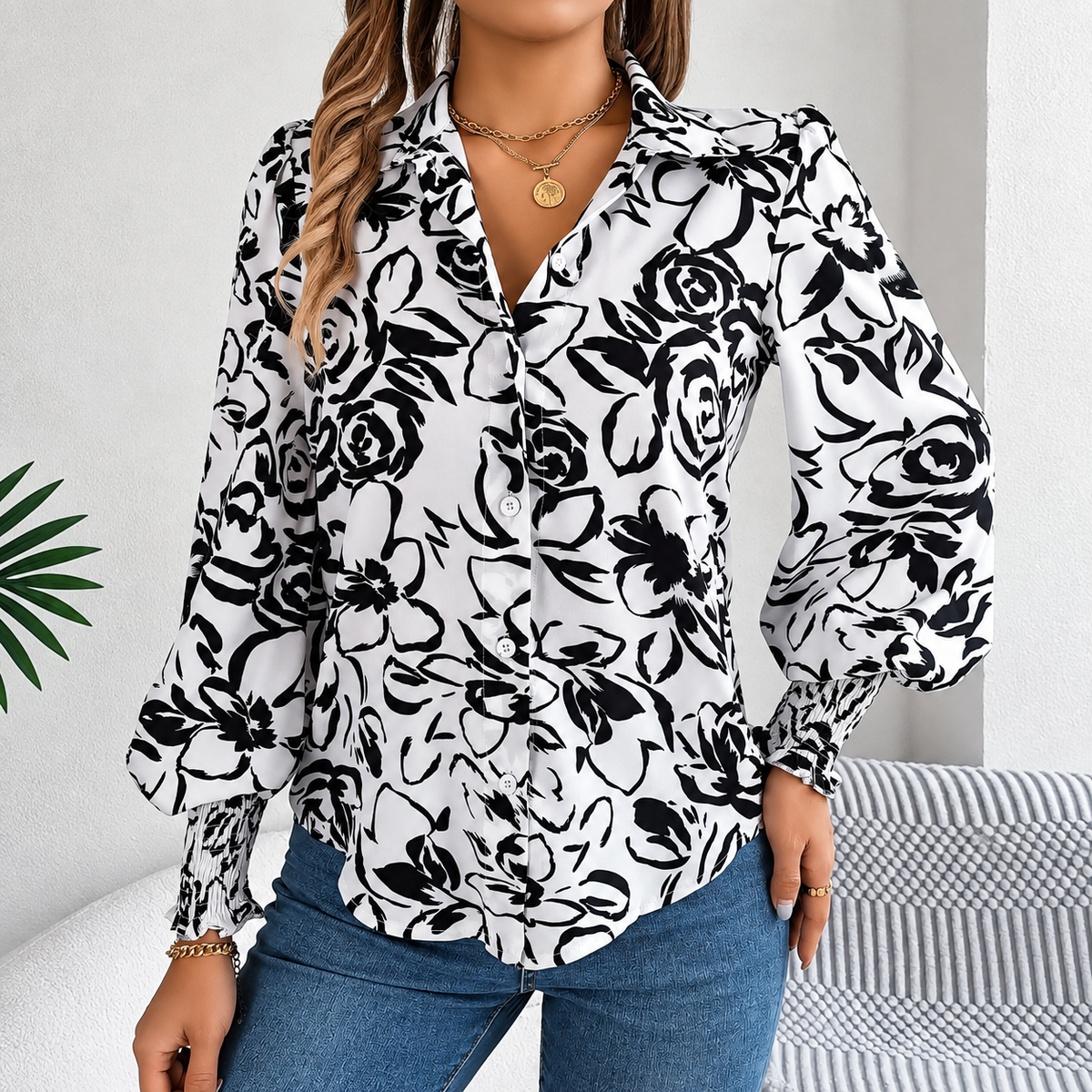 Tania - Polyester floral puff-sleeve blouse