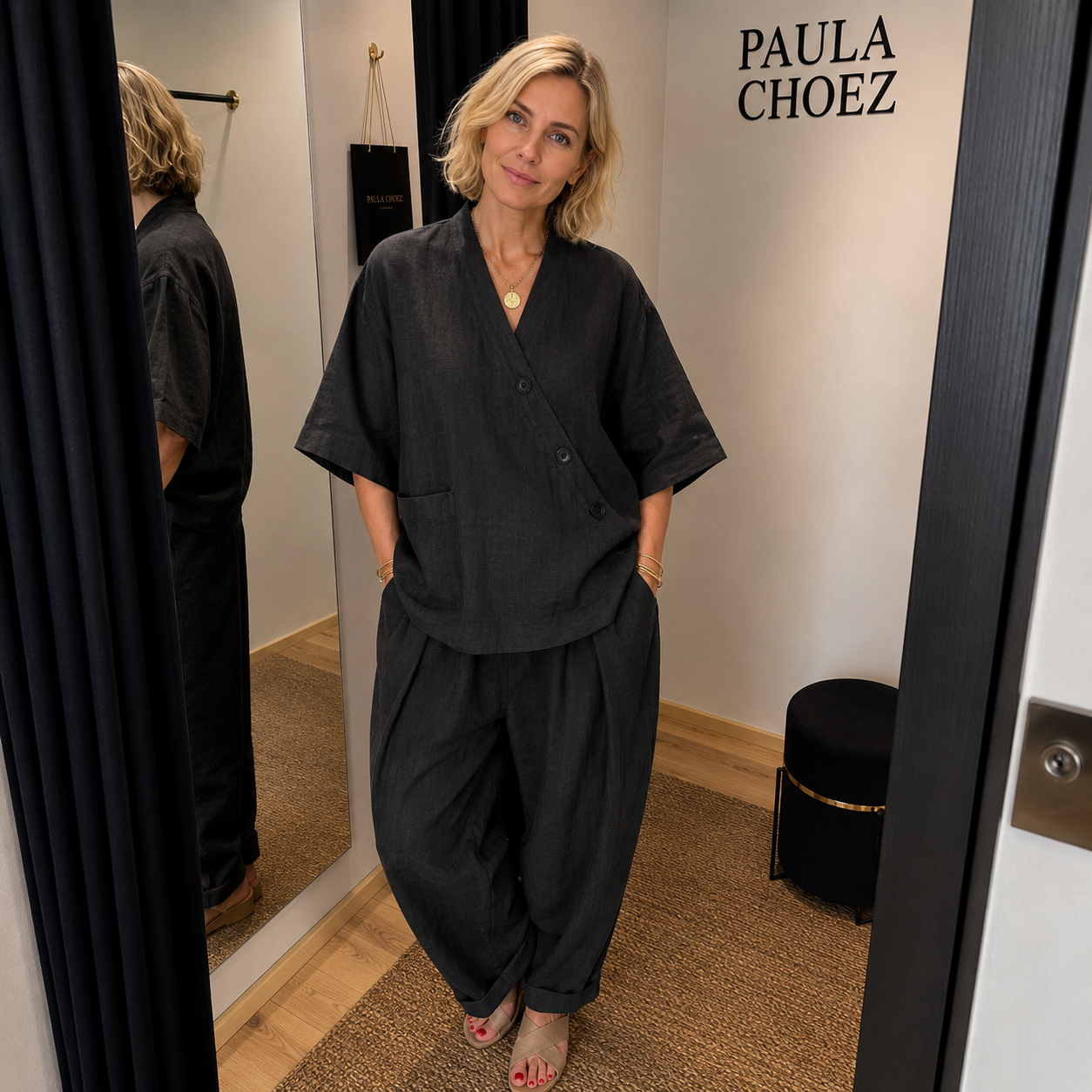Paola - Cotton linen-effect top and trousers set