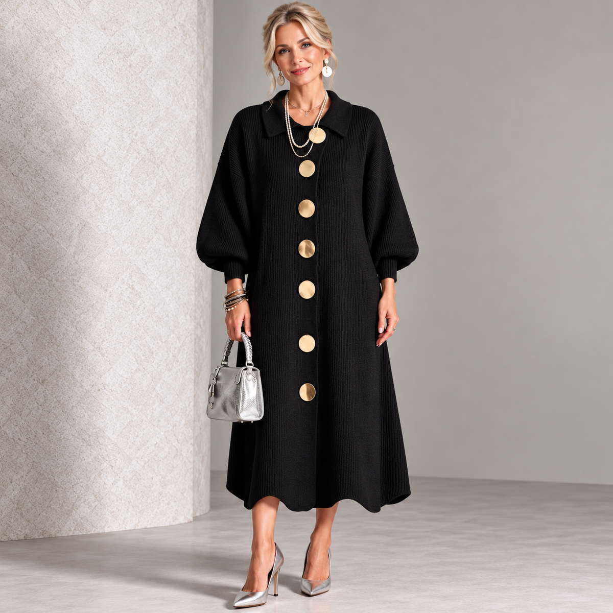 Sara – polyester dress with metallic buttons
