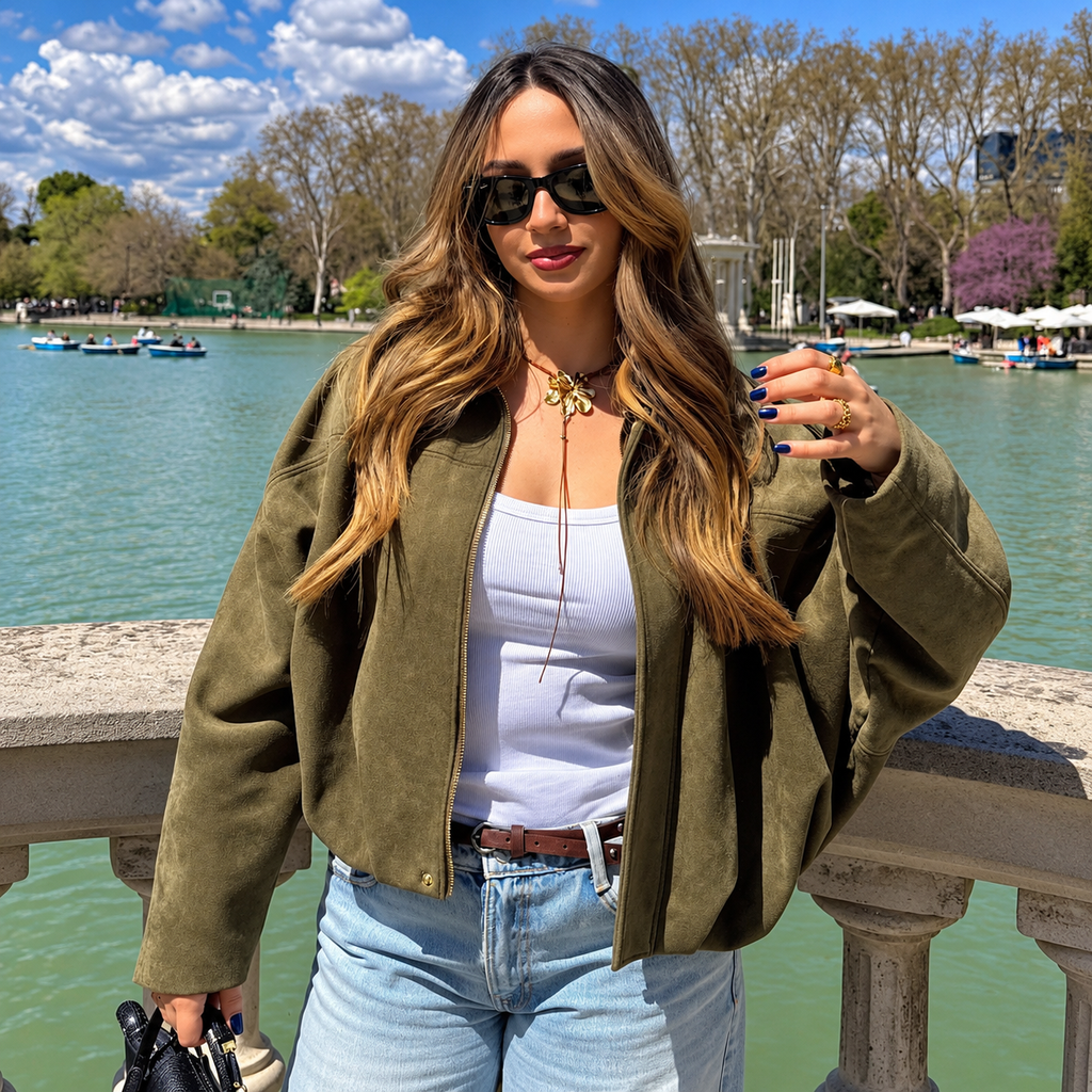 Cloe – Bomber de antelina con cuello de solapa