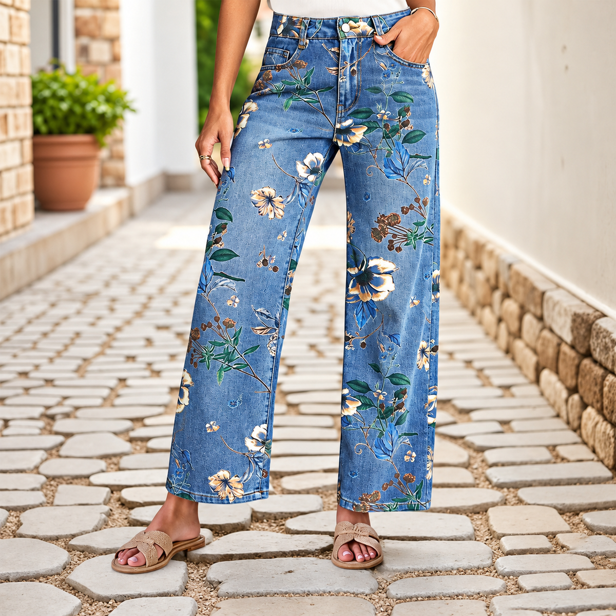 Flor - Printed cotton denim jeans