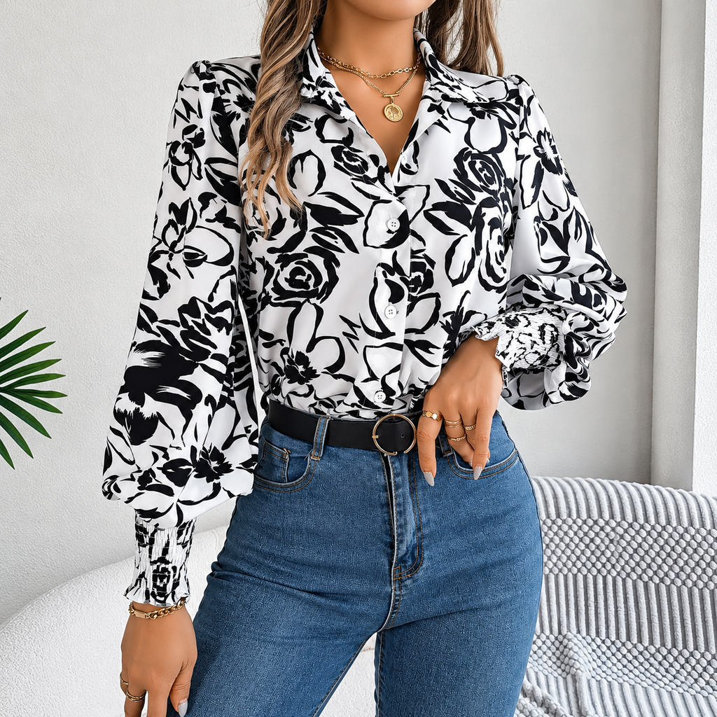 Tania - Polyester floral puff-sleeve blouse