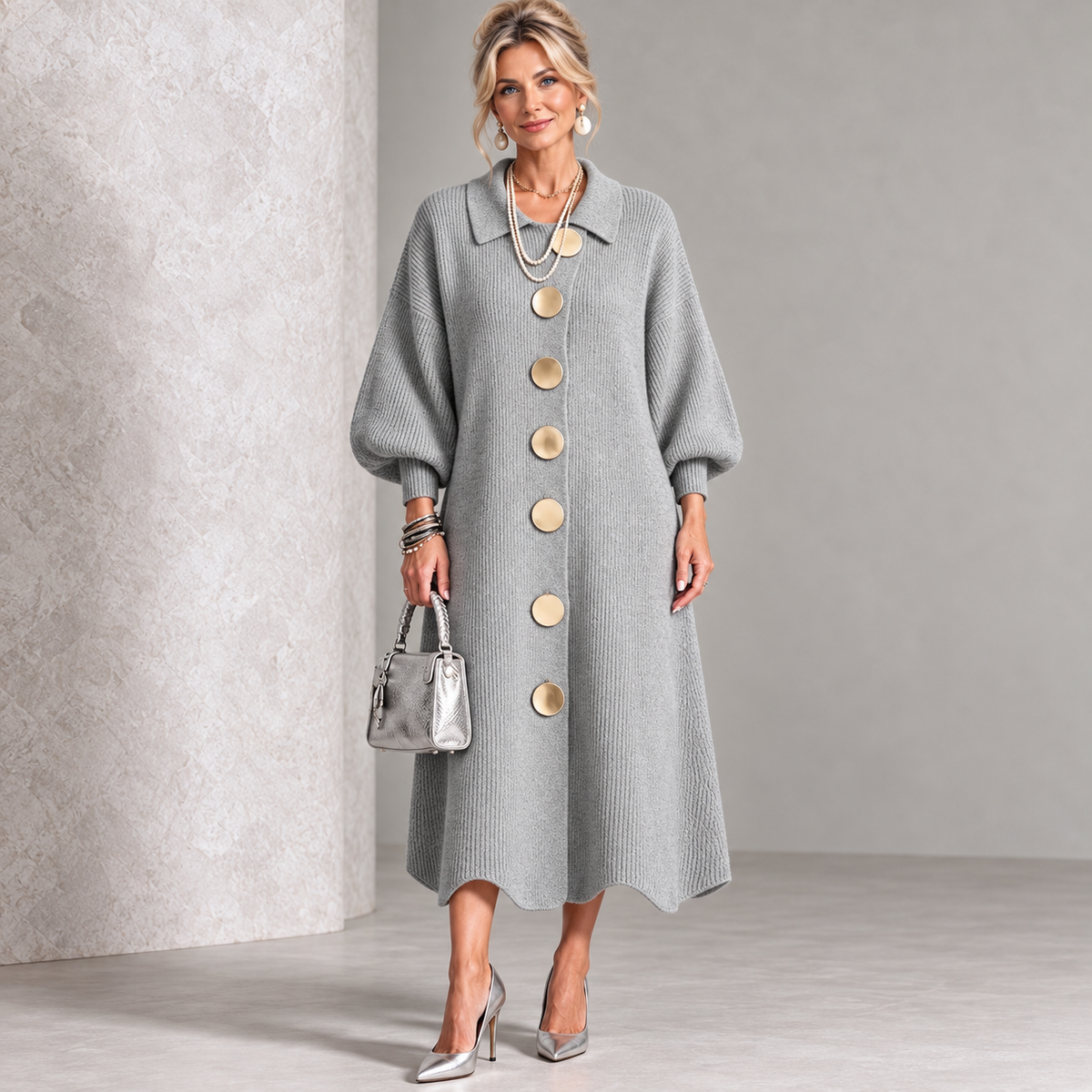 Sara – polyester dress with metallic buttons