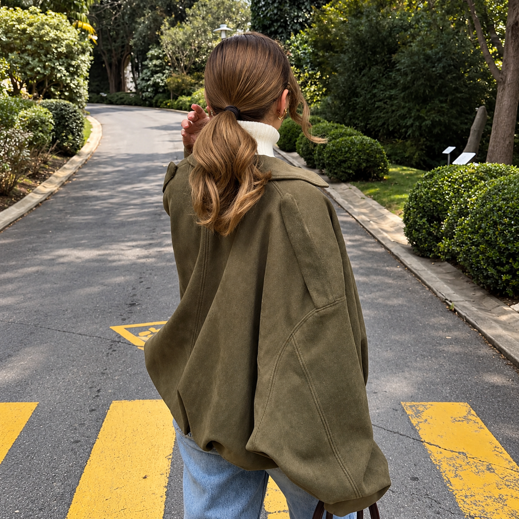 Cloe – Bomber de antelina con cuello de solapa