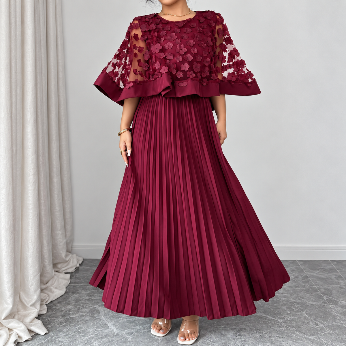 Galia - polyester dress with mesh cape
