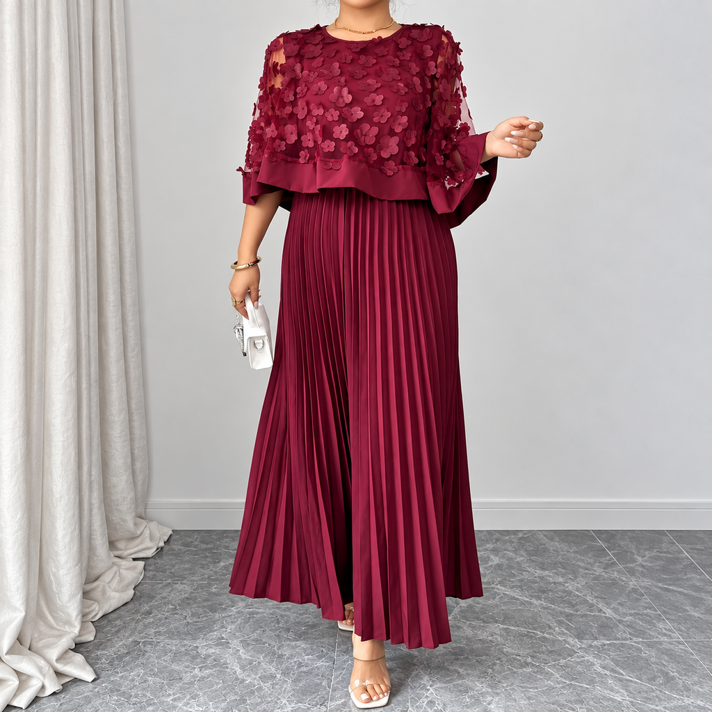 Galia - polyester dress with mesh cape