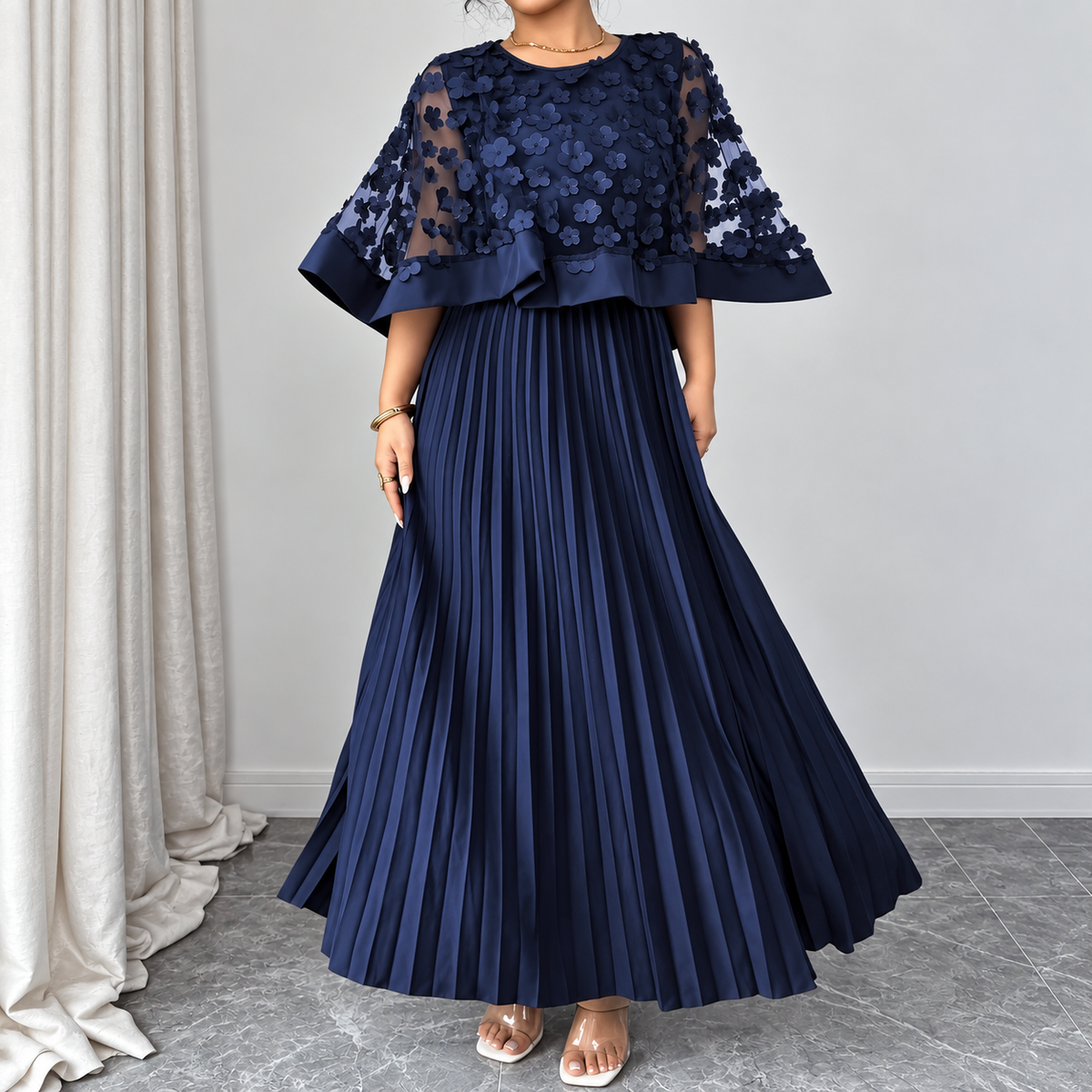 Galia - polyester dress with mesh cape