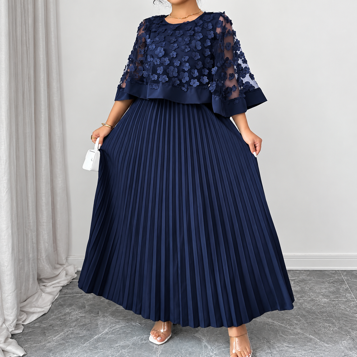 Galia - polyester dress with mesh cape