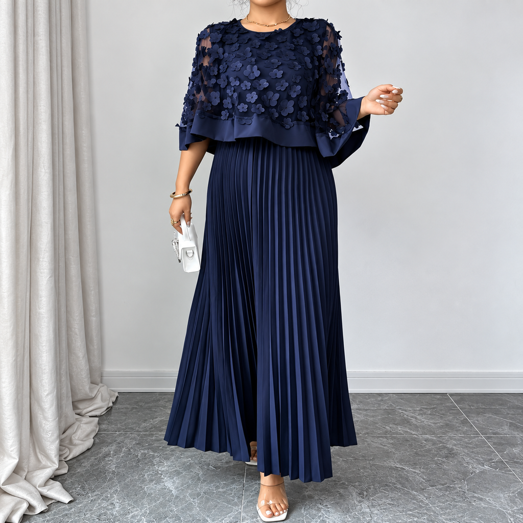 Galia - polyester dress with mesh cape