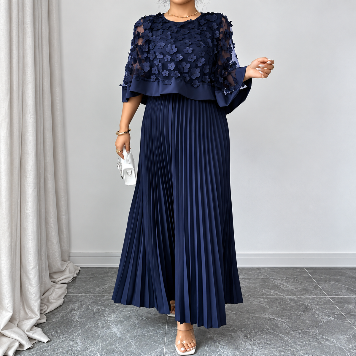Galia - polyester dress with mesh cape