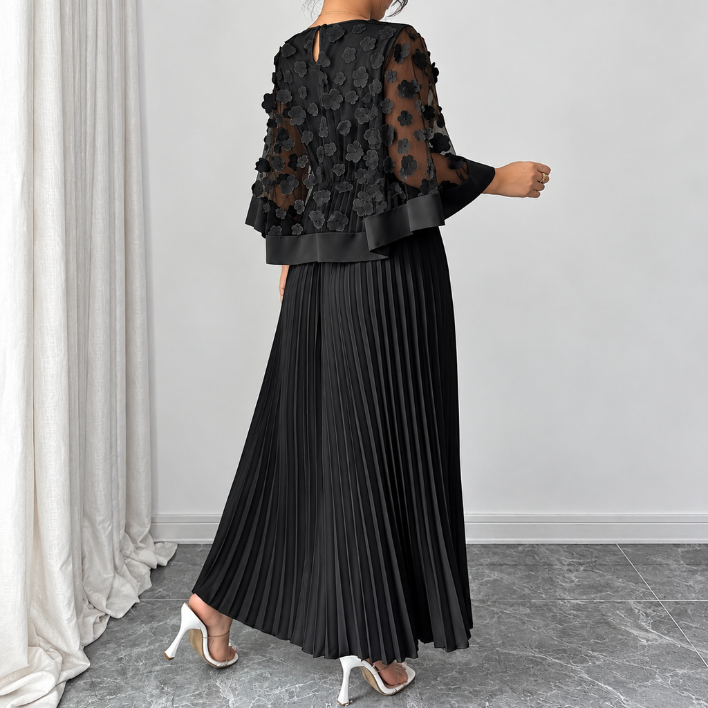 Galia - polyester dress with mesh cape