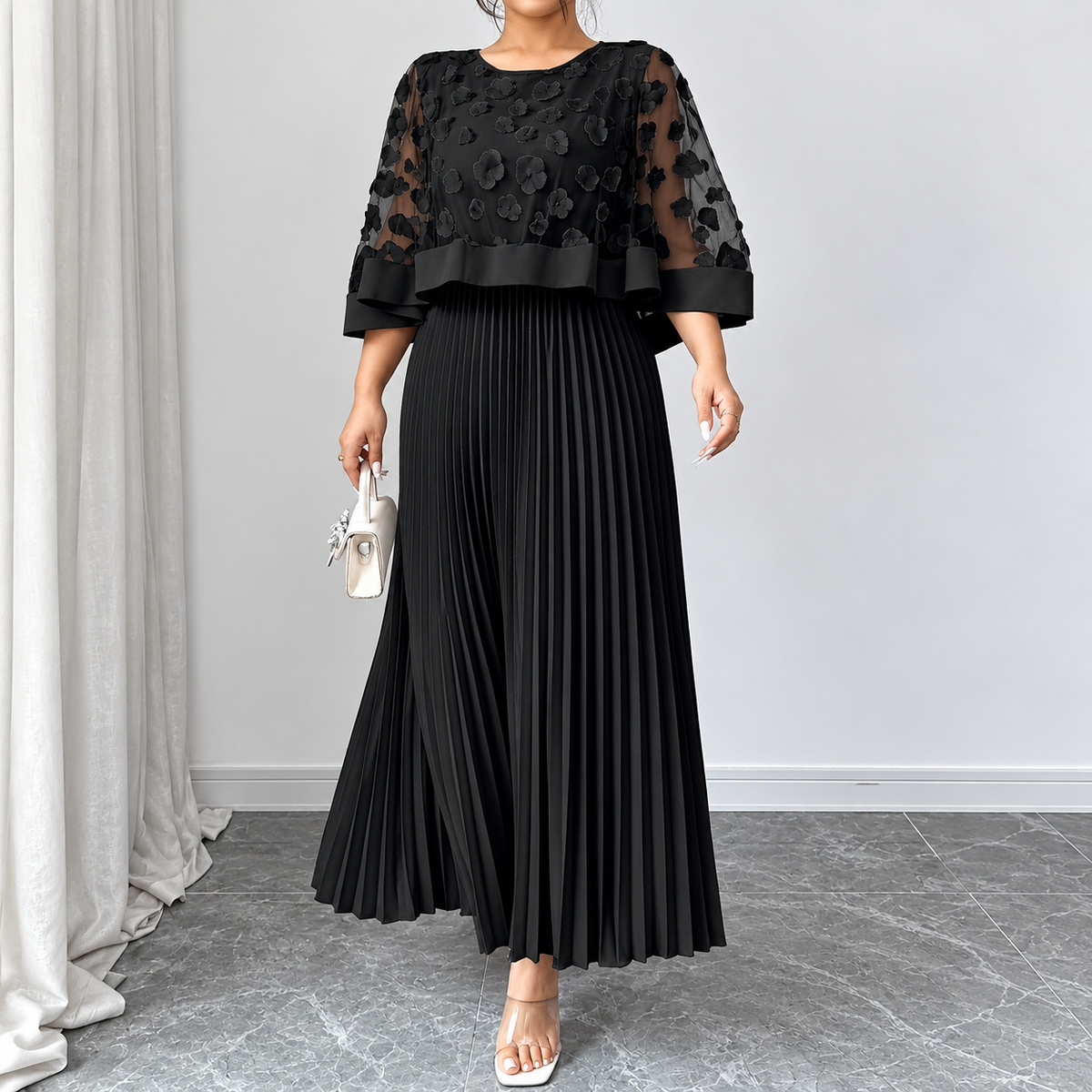 Galia - polyester dress with mesh cape