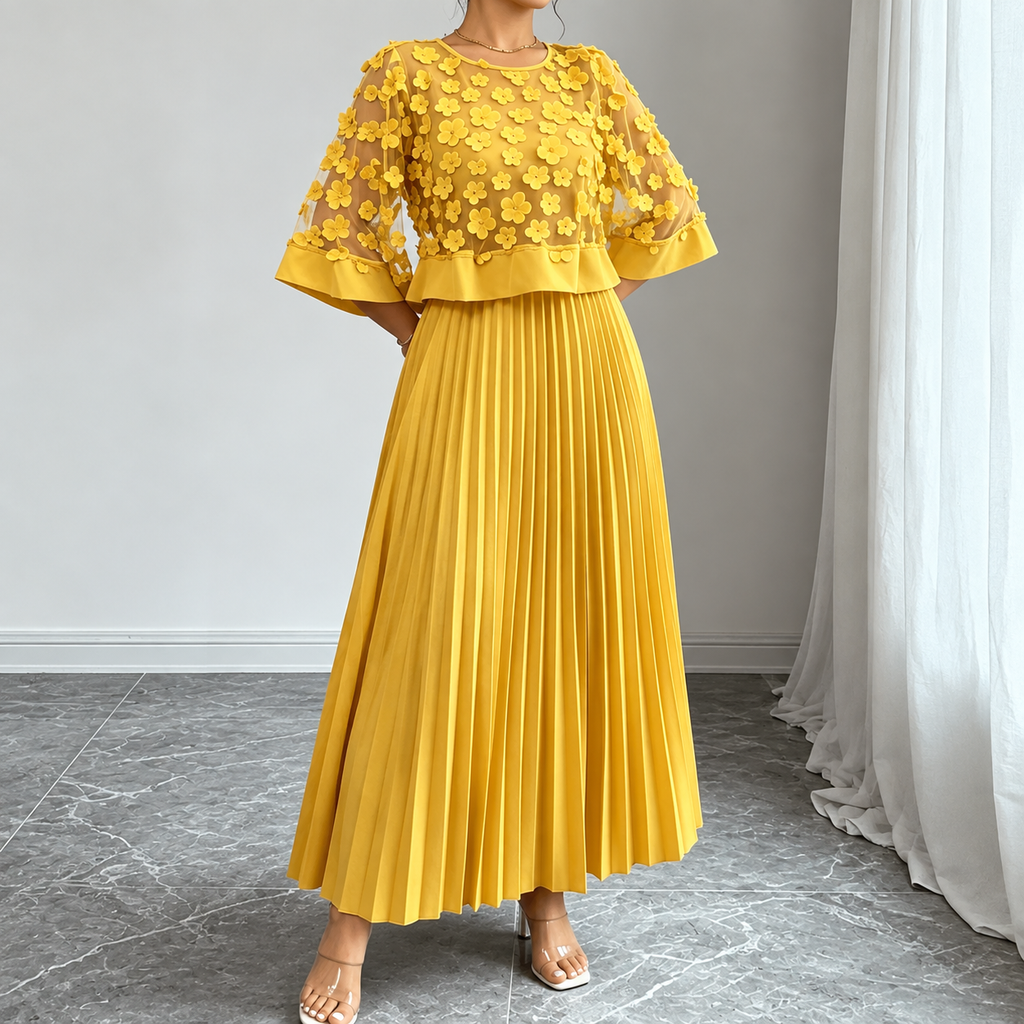 Galia - polyester dress with mesh cape