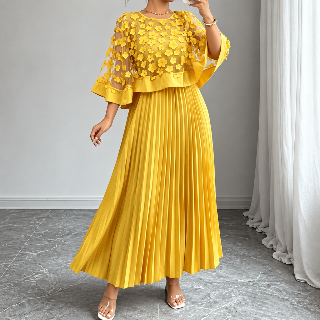 Galia - polyester dress with mesh cape