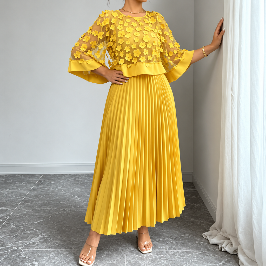 Galia - polyester dress with mesh cape