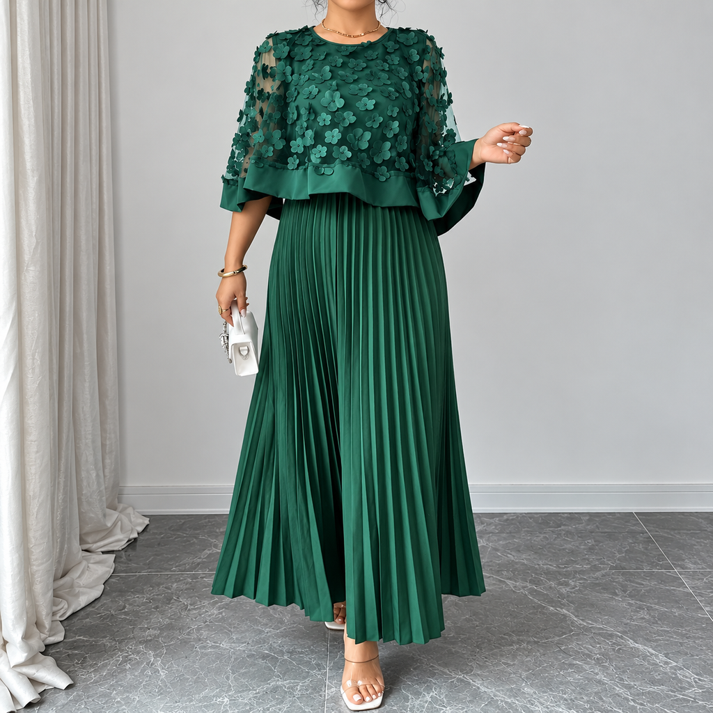 Galia - polyester dress with mesh cape