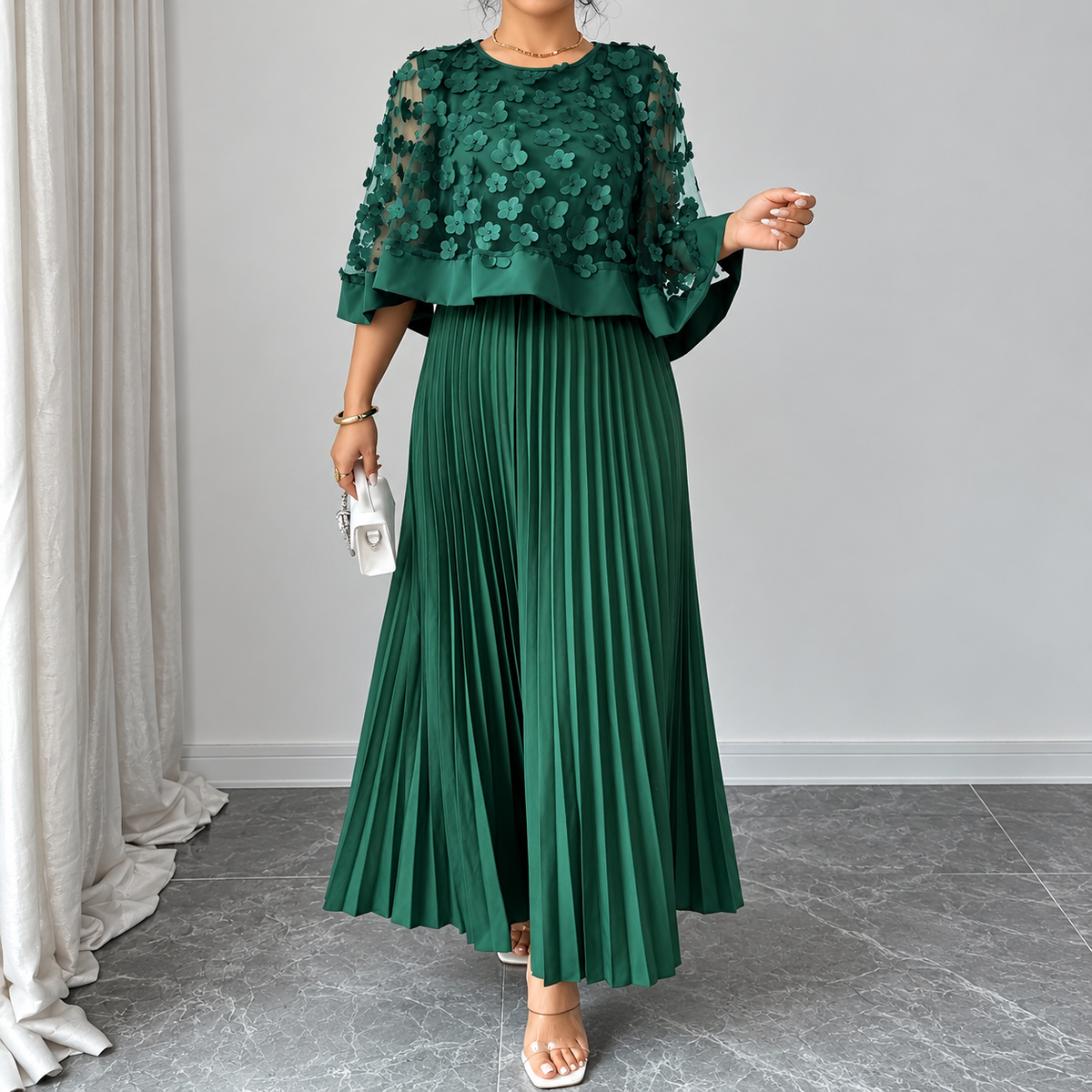 Galia - polyester dress with mesh cape