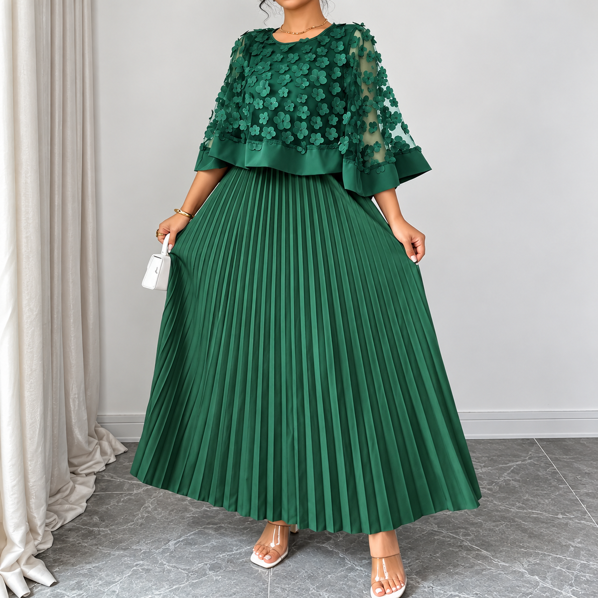 Galia - polyester dress with mesh cape